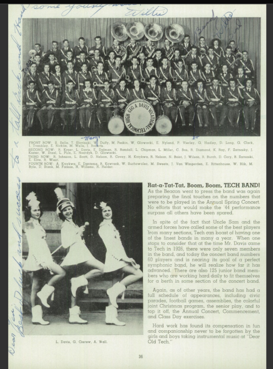 A page of an old Davis Technical High School yearbook shows photos of the marching band and the three majorettes. The headline reads: "Rat-a-Tat-Tat, Boom, Boom, Tech Band!"