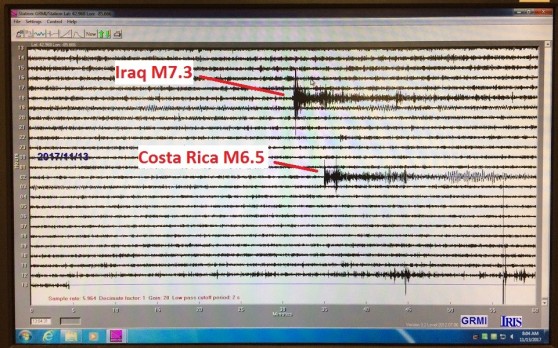 A reading from a seismometer shows an Iraq earthquake registering at magnitude 7.3 and a Costa Rica earthquake at magnitude 6.5.