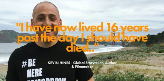 Picture of Kevin Hines, subject of The Ripple Effect, standing in from of the Golden Gate Bridge. Text on the image reads: ""I have now lived 16 years past the day I should have died..." Kevin Hines - Global Storyteller, Author & Filmmaker."