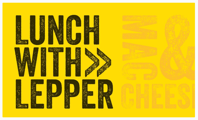 Black, orange, and yellow "Lunch with Lepper, Mac & Cheese" logo.